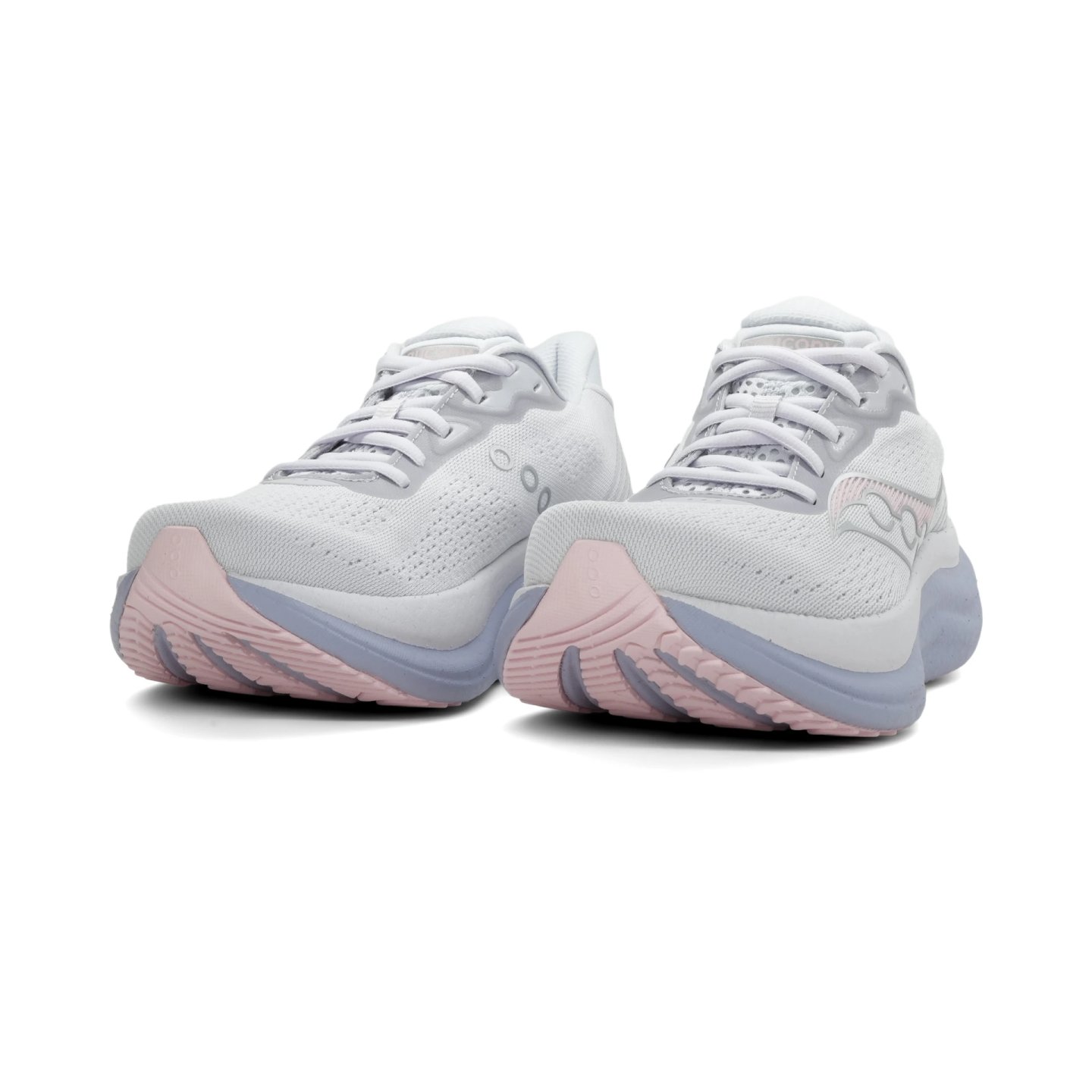 Pair of Saucony women's running shoes in white knit upper with pink and periwinkle blue midsole, studio shot