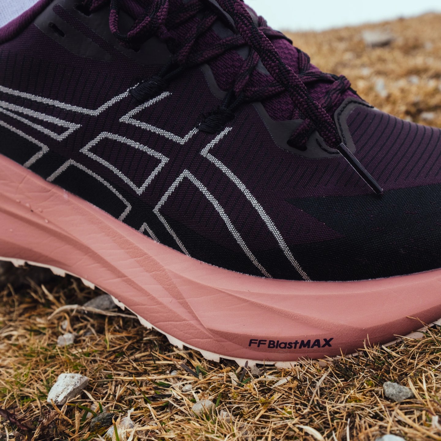 Close-up side view of Asics FF Blast MAX trail shoe in dark purple and pink on dry grassy ground with small rocks.