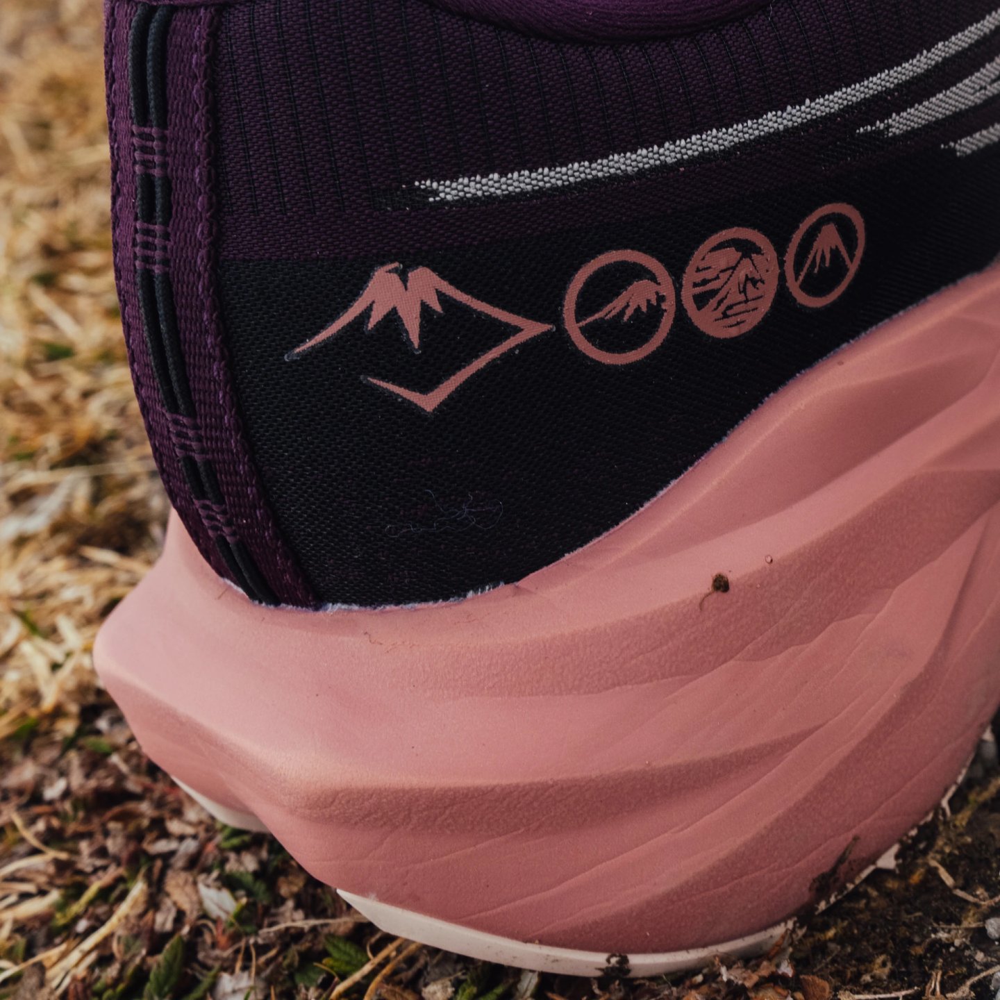 Close-up of Asics trail running shoe heel with pink midsole and mountain logo branding, worn on leaf-covered ground.