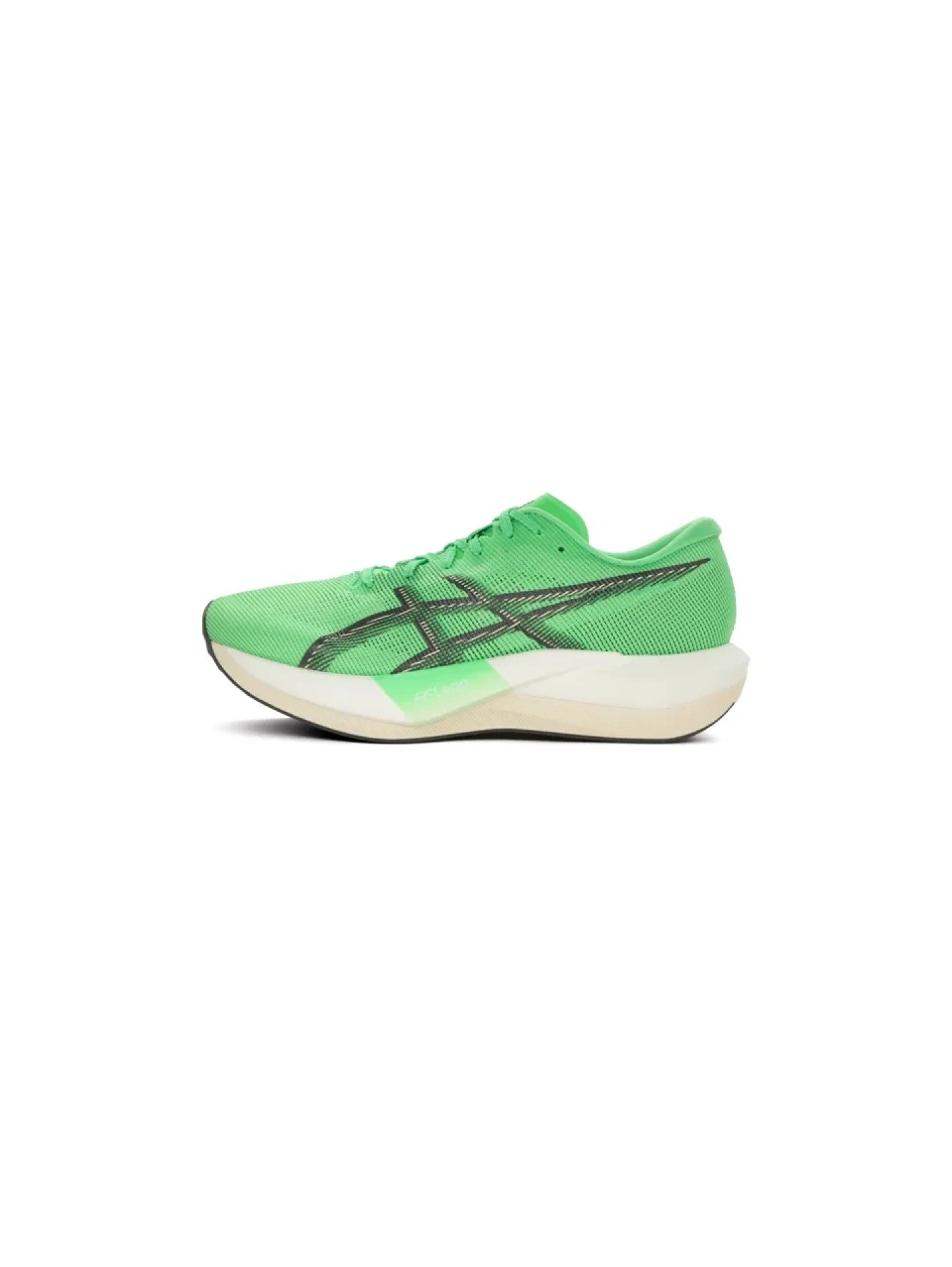 Side view of an ASICS racing shoe in bright green with black logo, thick white midsole, and knit upper