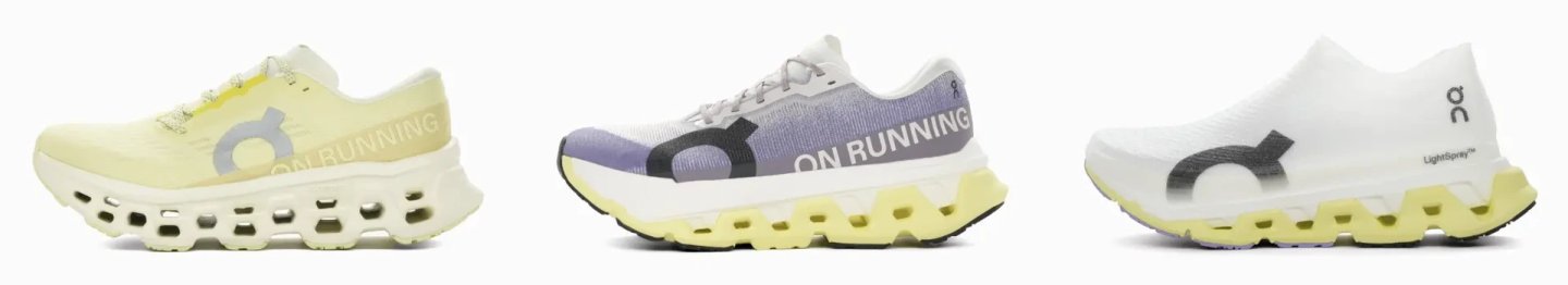 On Cloudmonster running shoes shown in three colourways: yellow, purple-grey, and white with yellow sole