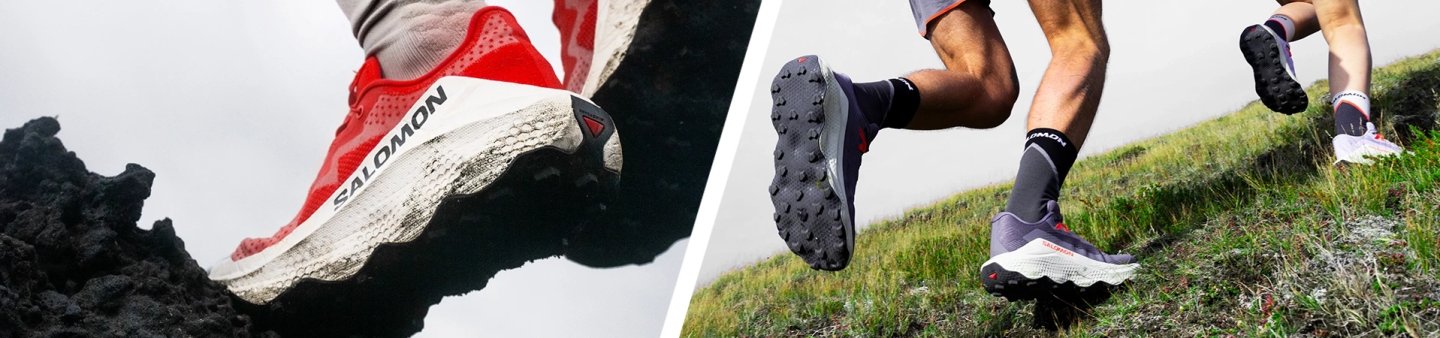 Salomon Glide trail running shoes in red and grey/purple colorways tackiling rocky and grassy trail terrain