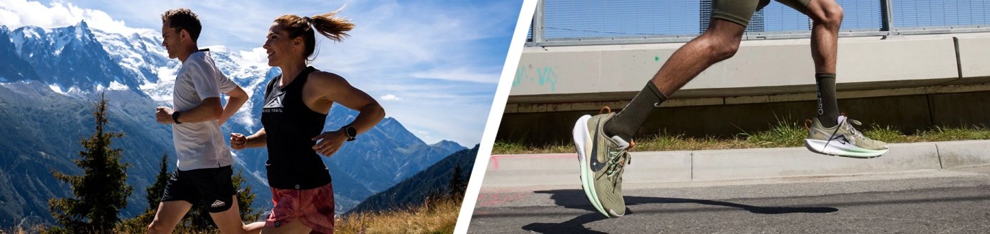 Two runners on a mountain trail and a close-up of Nike Pegasus Trail 5 shoes on a road, showing versatile running performance.