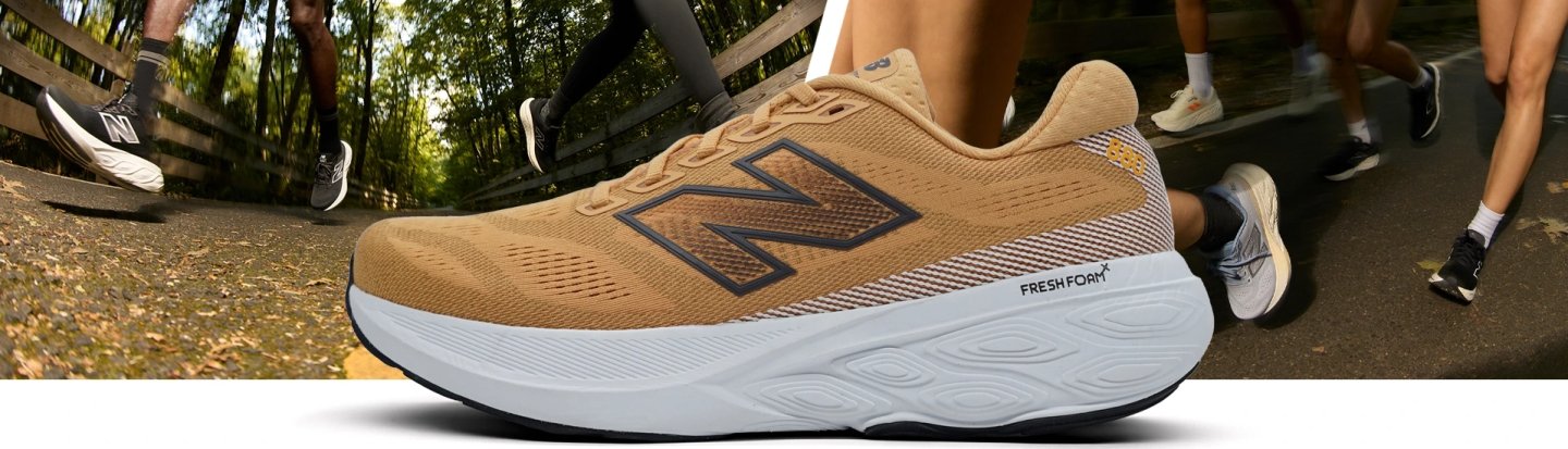 New Balance 880 v15 running shoe in tan/wheat colorway with Fresh Foam X midsole, shown on outdoor path with runners in background.