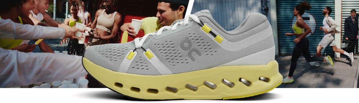On Cloudsurfer 2 running shoe in glacier grey and yellow, featuring CloudTec Phase sole, shown against a race day lifestyle backdrop.