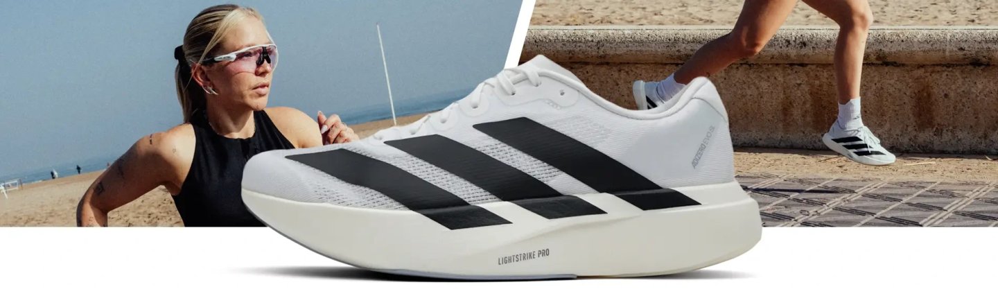 Adidas Adizero Evo SL running shoe in white and black with Lightstrike Pro midsole, shown with female runner on beach