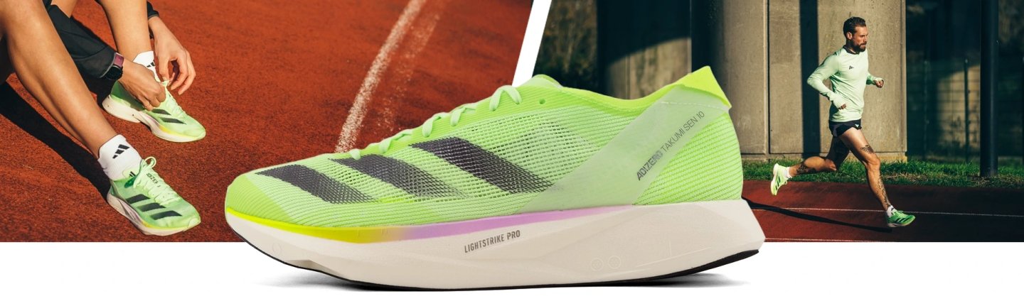 Adidas Adizero Takumi Sen 10 racing shoe in lime green with dark three stripes and Lightstrike Pro midsole