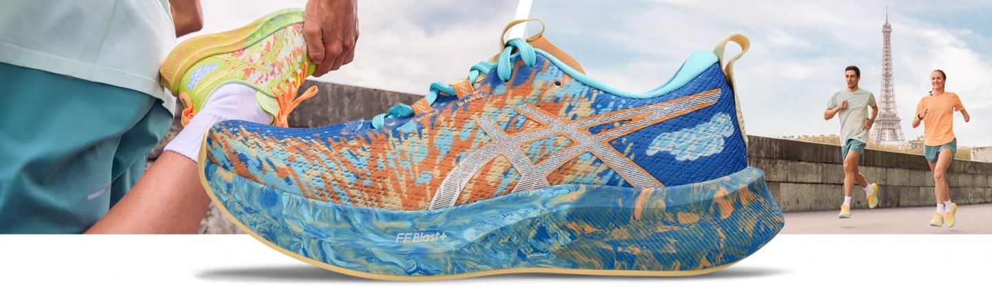 ASICS Noosa Tri 16 running shoe in blue, orange and gold with FF Blast+ midsole, shown with runners near the Eiffel Tower
