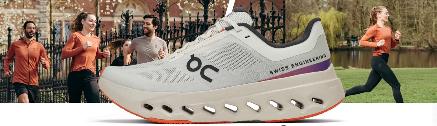 On Cloudsurfer Next running shoe in white and orange with CloudTec sole, alongside runners in a park setting