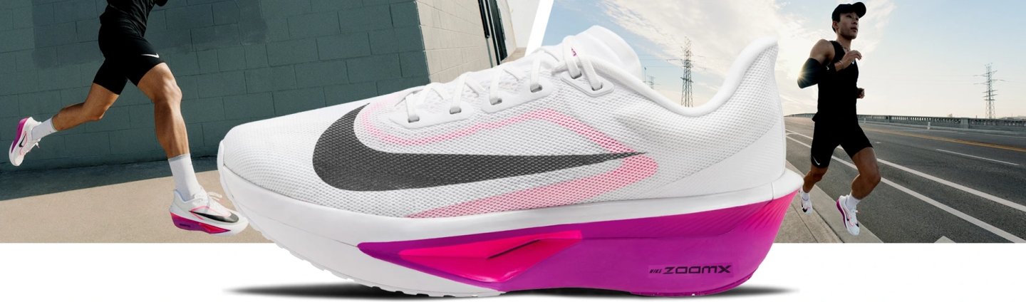Nike Zoom Fly 6 running shoe in white and pink with ZoomX midsole, shown with male runners on road and track.