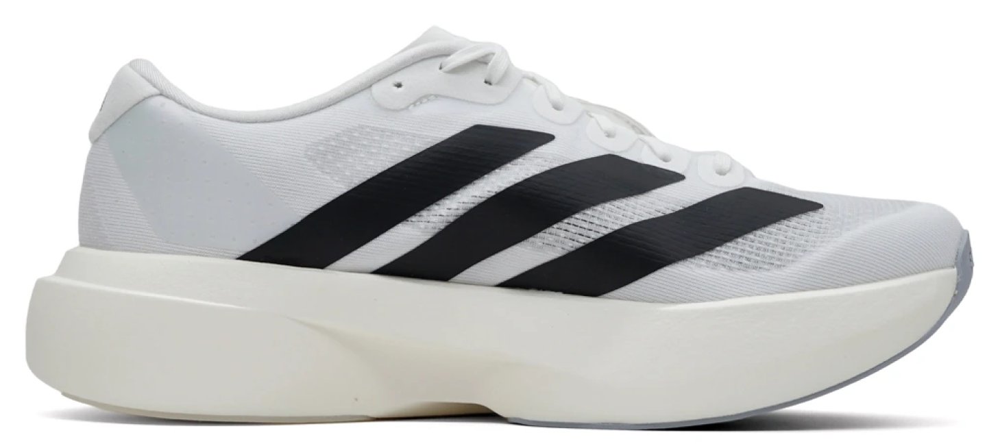 Adidas Adizero Evo SL running shoe in white with black three-stripe branding, medial side view