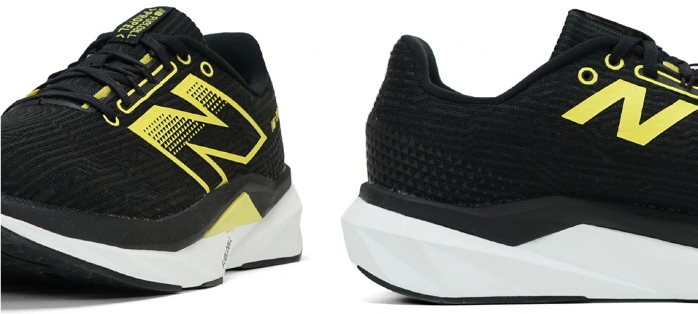 New Balance Propel v5 Fit running shoe in black and yellow, showing toe box and heel detail from two angles