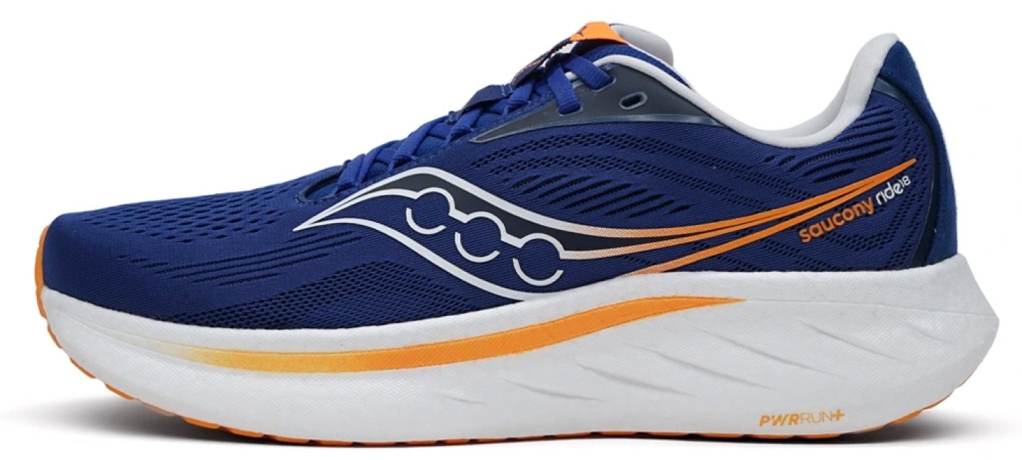 Saucony Ride 18 men's running shoe in blue and orange with white PWRRUN+ midsole, lateral view