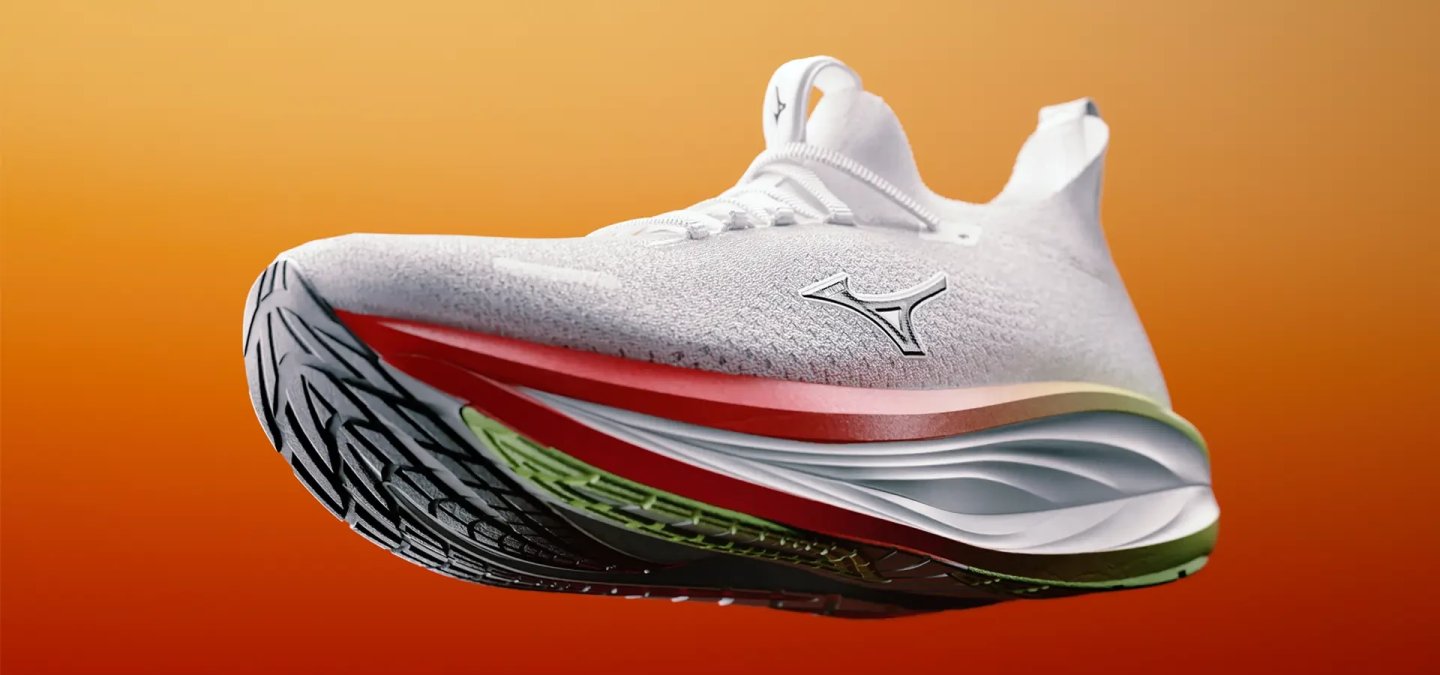 Mizuno Neo Vista 3 running shoe in white with multi-coloured layered midsole featuring red and green accents