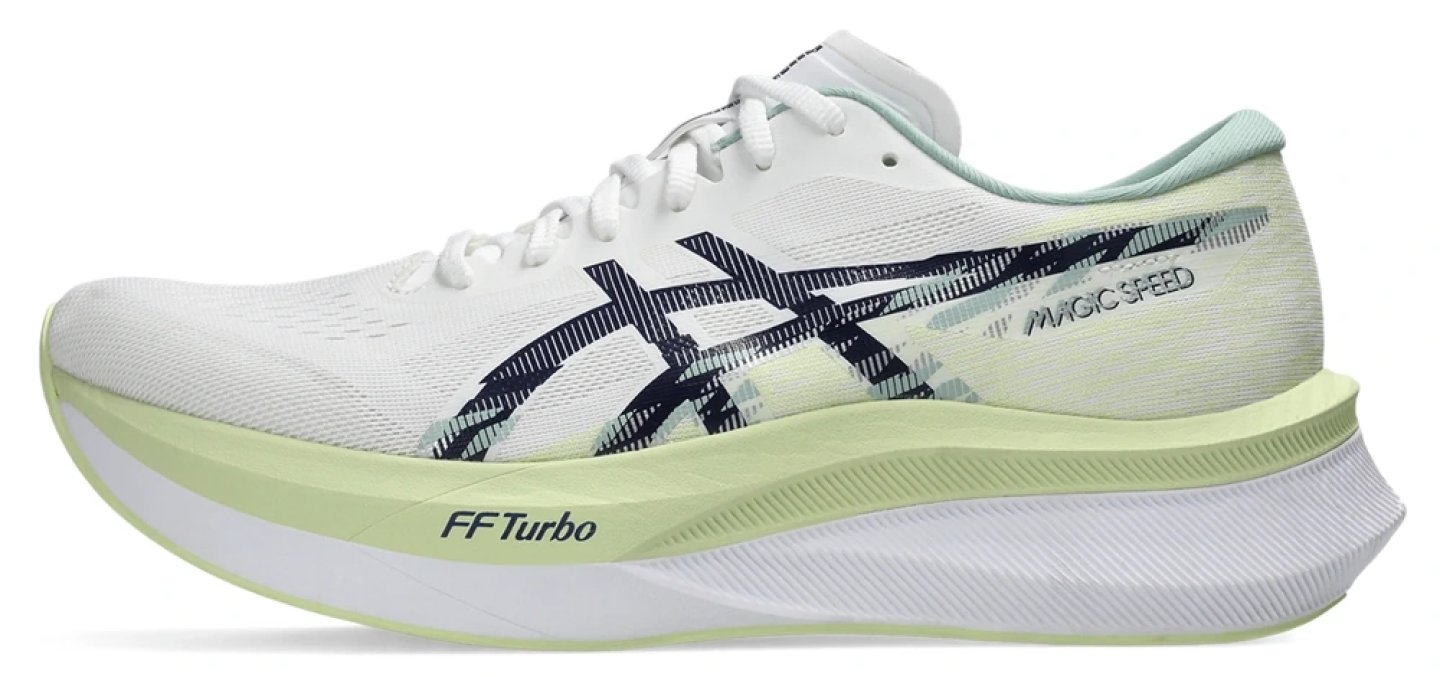 ASICS Magic Speed 4 running shoe in white and lime with navy Gel-Stripe logo and FF Turbo midsole, lateral view