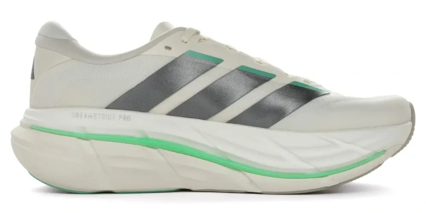 Adidas Adistar BYD 2.5 running shoe in white and cream with metallic silver stripes and mint green midsole accent