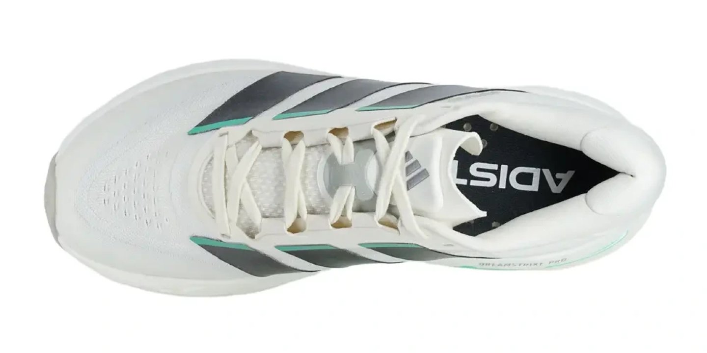 Top view of the Adidas Adistar BYD 2 running shoe in white with dark grey three stripes and teal accent details