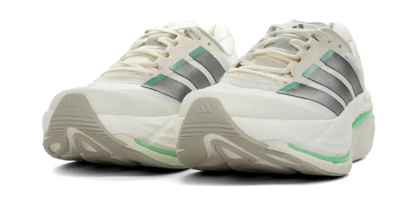 Adidas Adistar BYD 2 running shoes in white with silver Three Stripes and mint green sole and heel accents