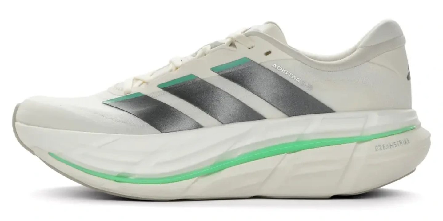 Adidas Adistar BYD 2 running shoe in white with silver three stripes and green midsole accent, lateral view