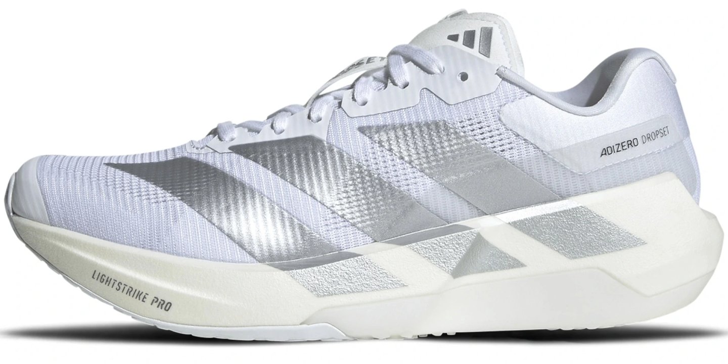 Adidas Adizero Dropset Pro Trainer in white and silver with Lightstrike Pro midsole, lateral side view