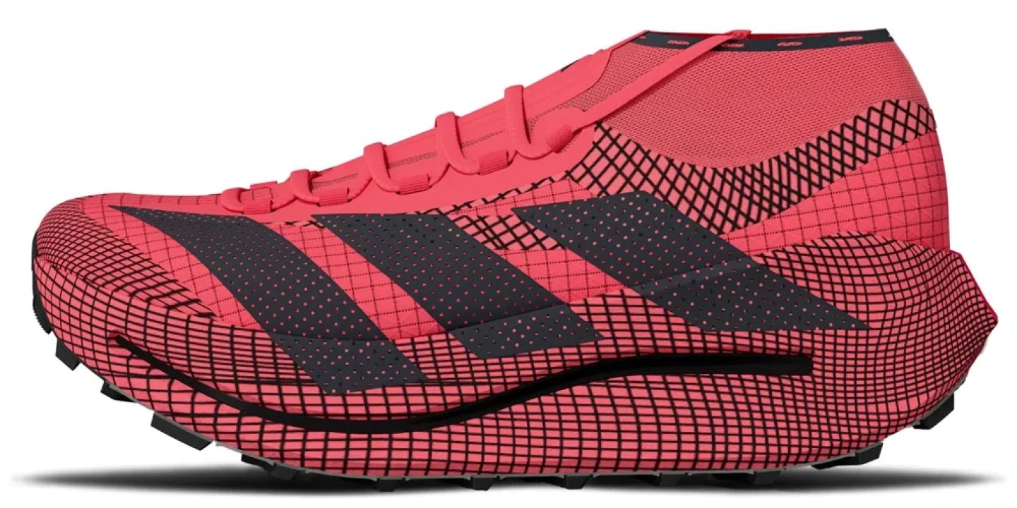 Adidas Agravic Speed Ultra Evo trail running shoe in coral pink and black, lateral view on white background