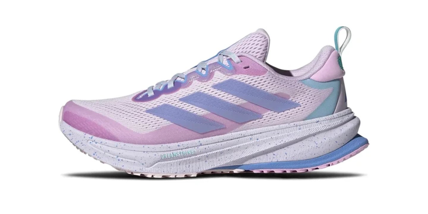 Adidas Supernova Rise ATR running shoe in pink, lavender and blue with speckled midsole, lateral view on white background.