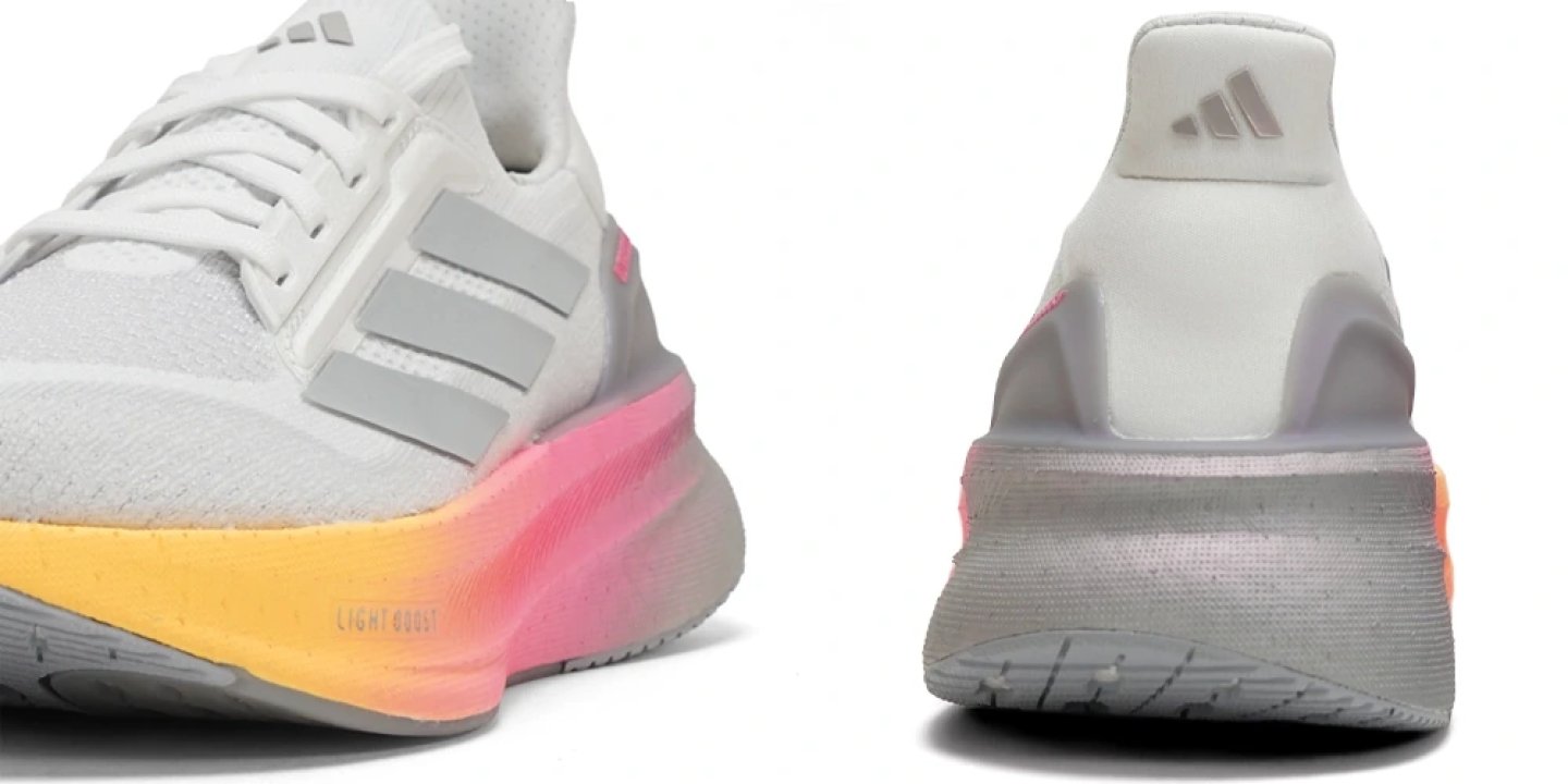 Adidas Ultraboost 5X running shoe in white with pink and yellow gradient Light Boost midsole, shown from front and rear angles.