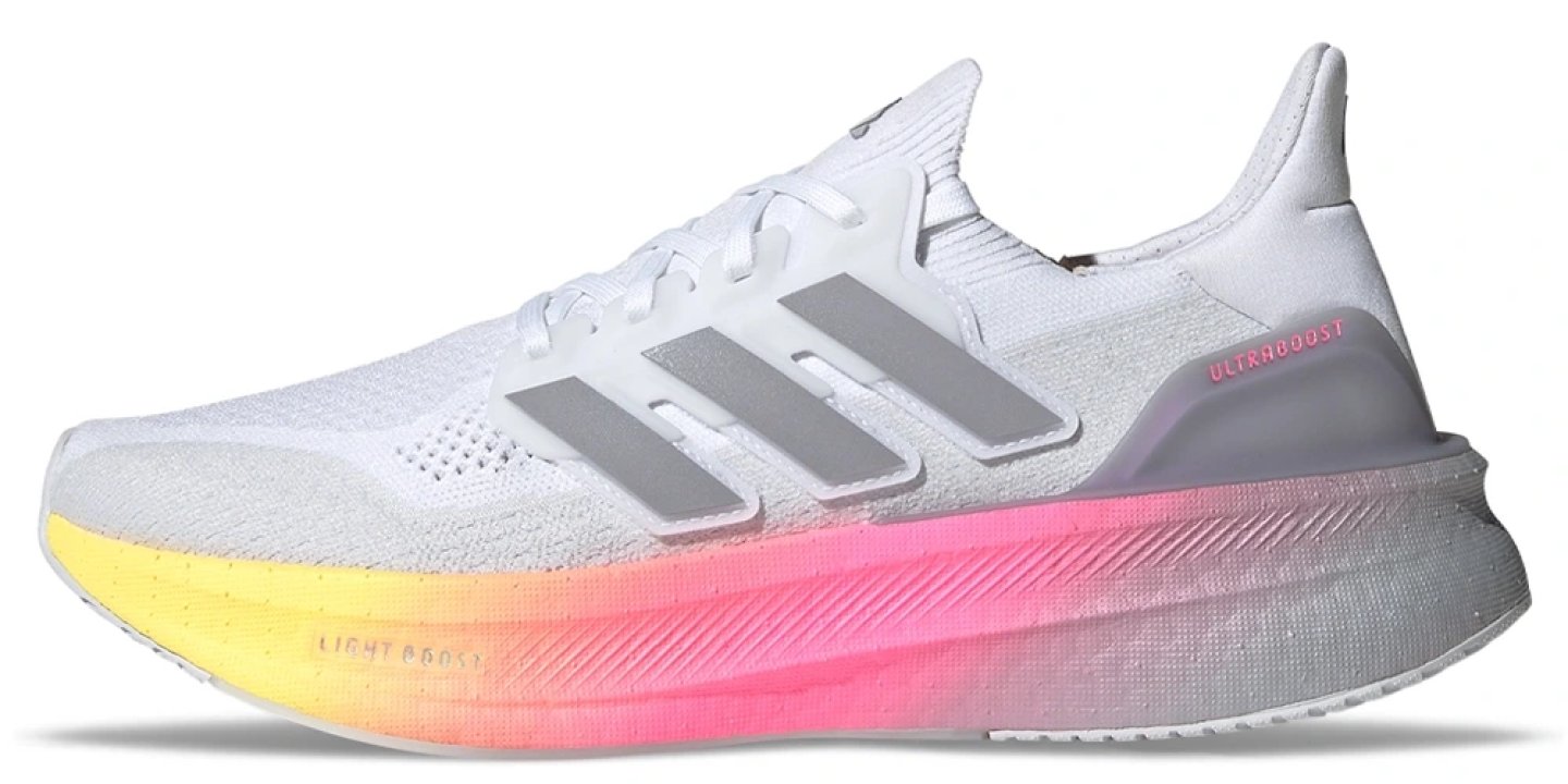 Adidas Ultraboost 5X running shoe in white with silver Three Stripes and a gradient pink-to-yellow Light Boost midsole, lateral view