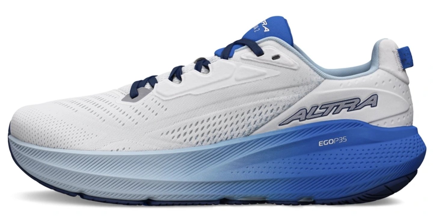 Altra FWD Via 2 running shoe in white and blue colorway, lateral side view showing EGO P35 midsole