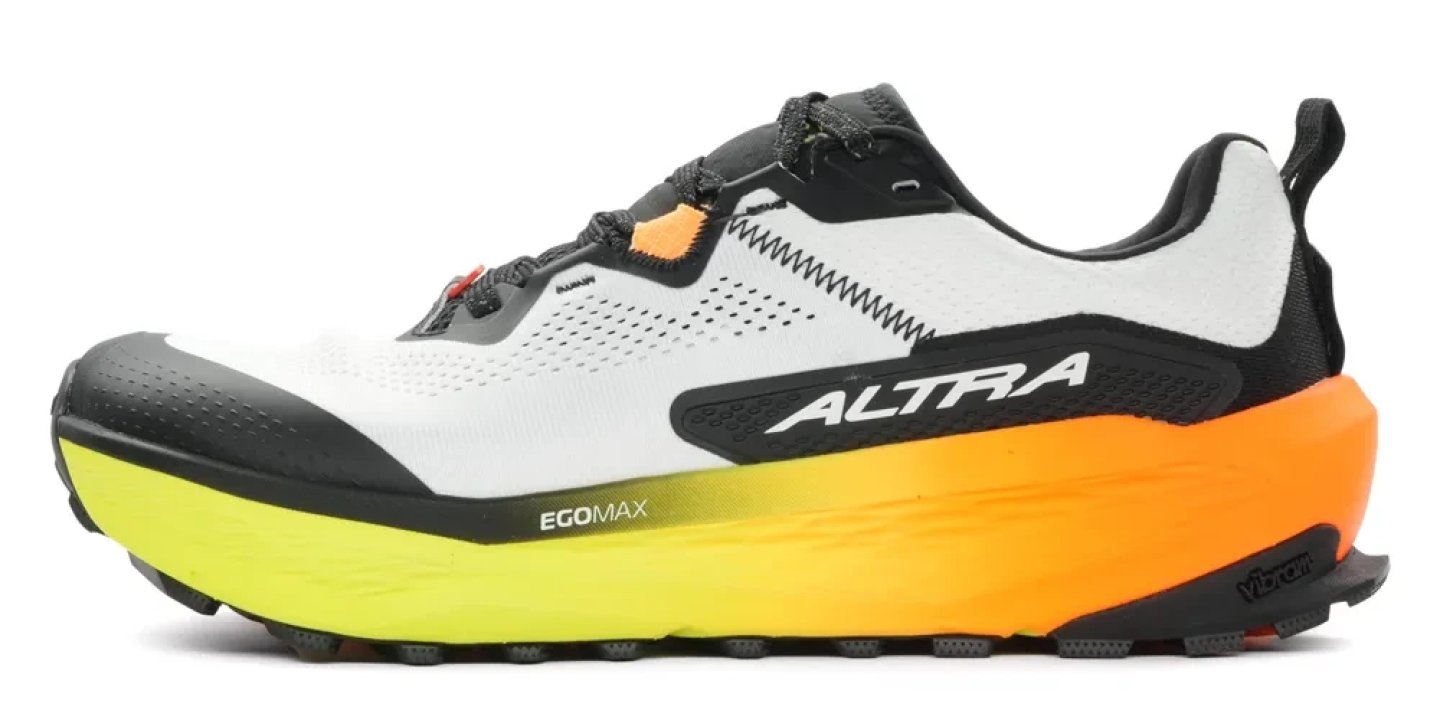 Altra Olympus 7 trail running shoe in white, black, yellow and orange with EgoMax midsole and Vibram outsole, lateral view