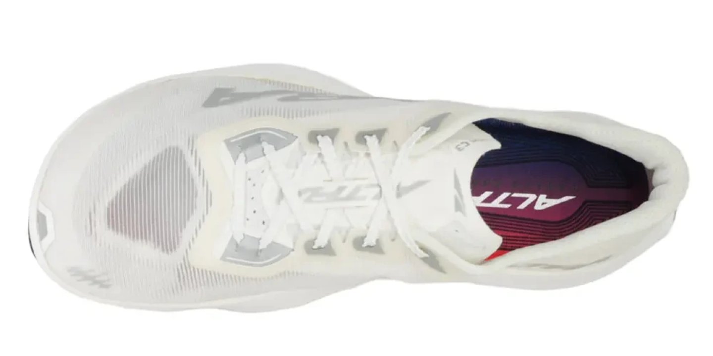Top view of the Altra Vanish Carbon 3 women's running shoe in white with silver branding and navy sock liner
