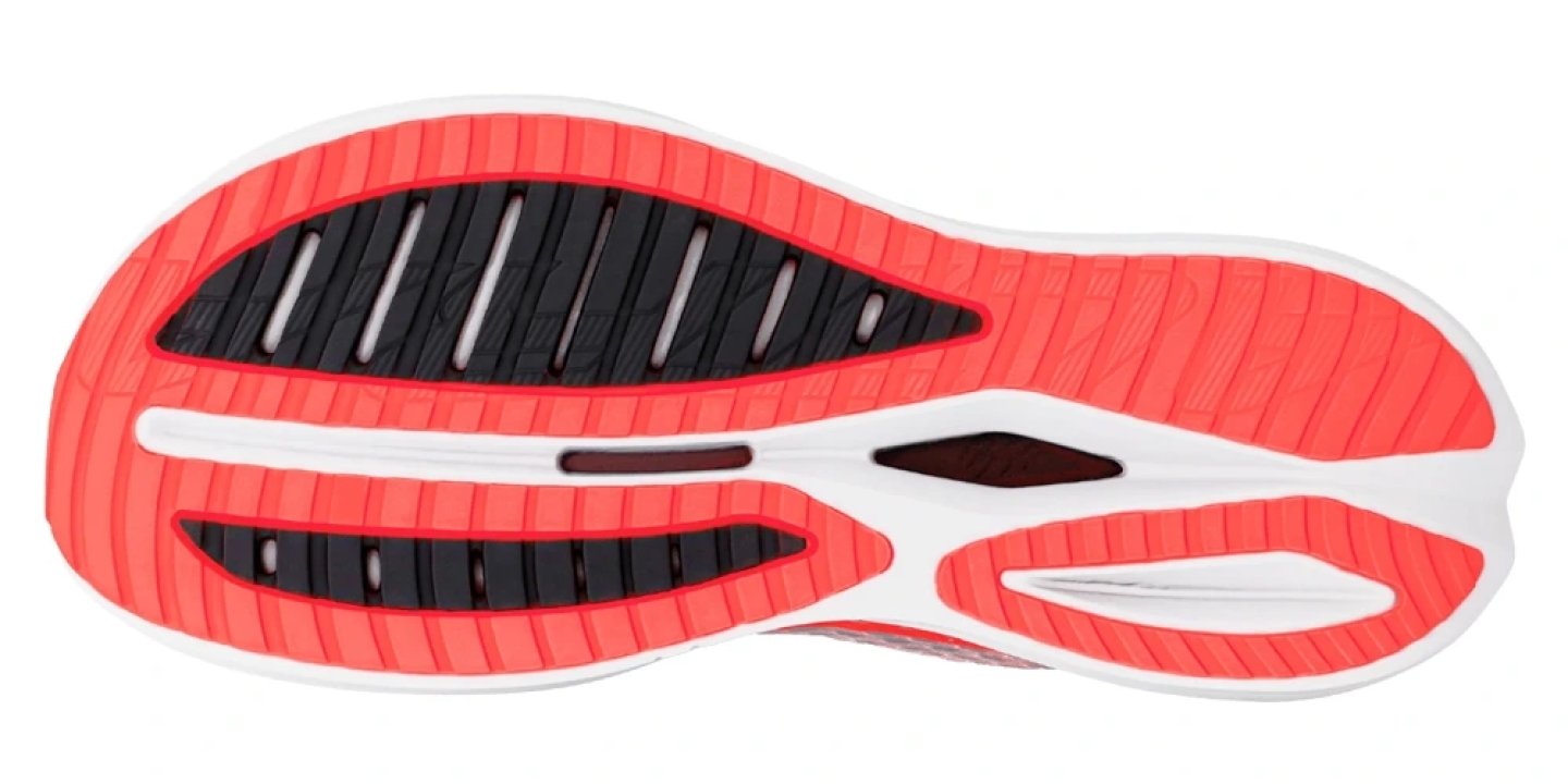 Bottom view of the Altra Vanish Tempo 2 running shoe outsole in coral and dark grey with flex grooves and white midsole spine.