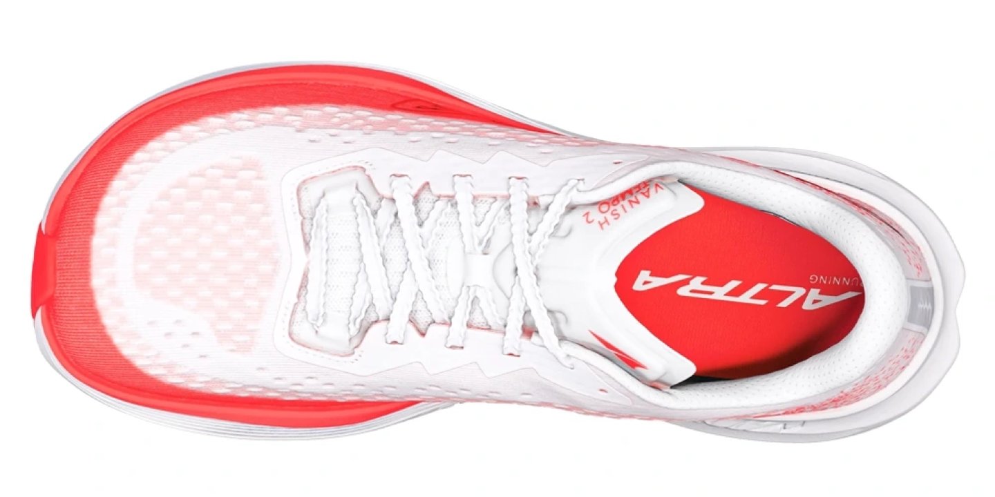 Top view of the Altra Vanish Tempo 2 running shoe in white with red outsole and Altra branded insole