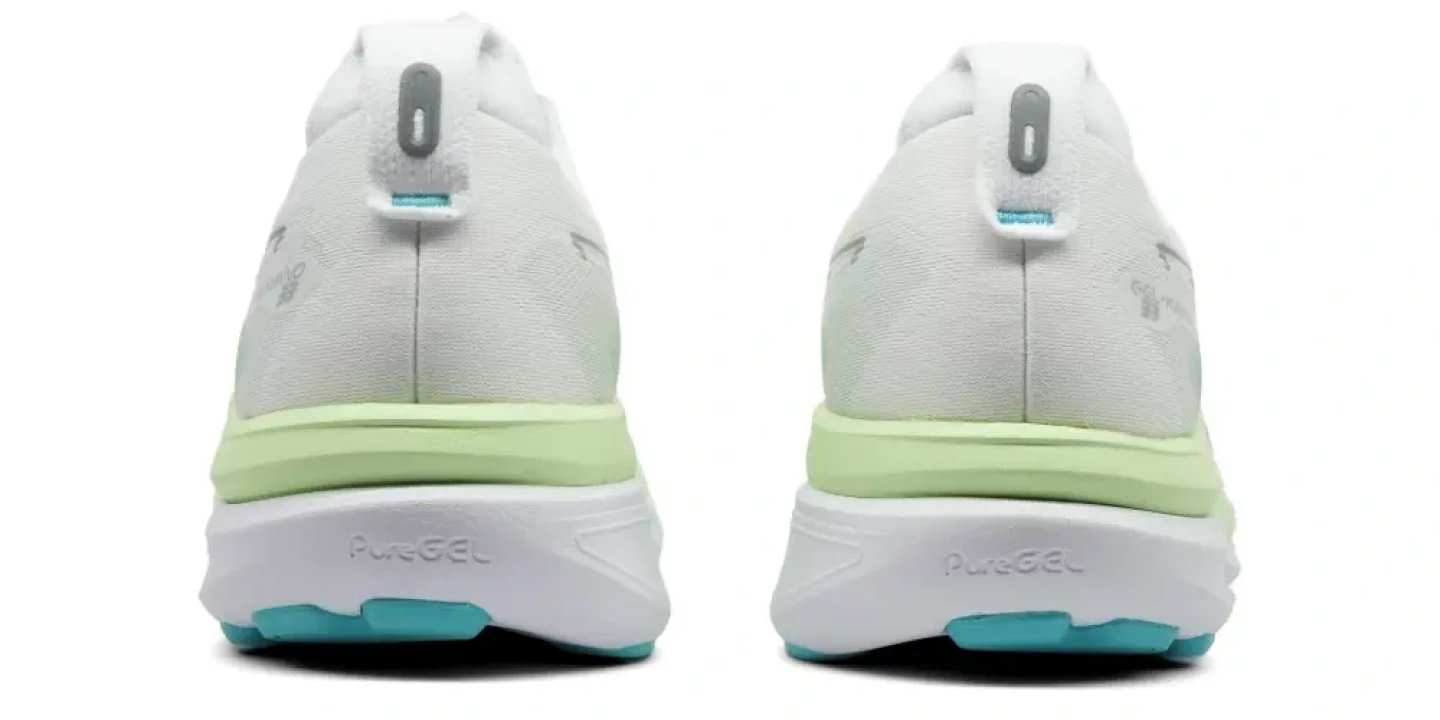 Rear view of Asics Gel-Kayano 33 running shoes showing PureGEL outsole, mint midsole, and teal heel accent