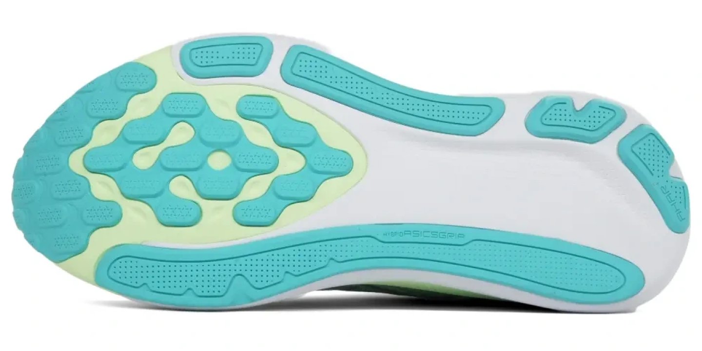 Bottom view of ASICS Gel-Kayano 33 running shoe outsole showing teal ASICSGRIP rubber zones and lime flex grooves
