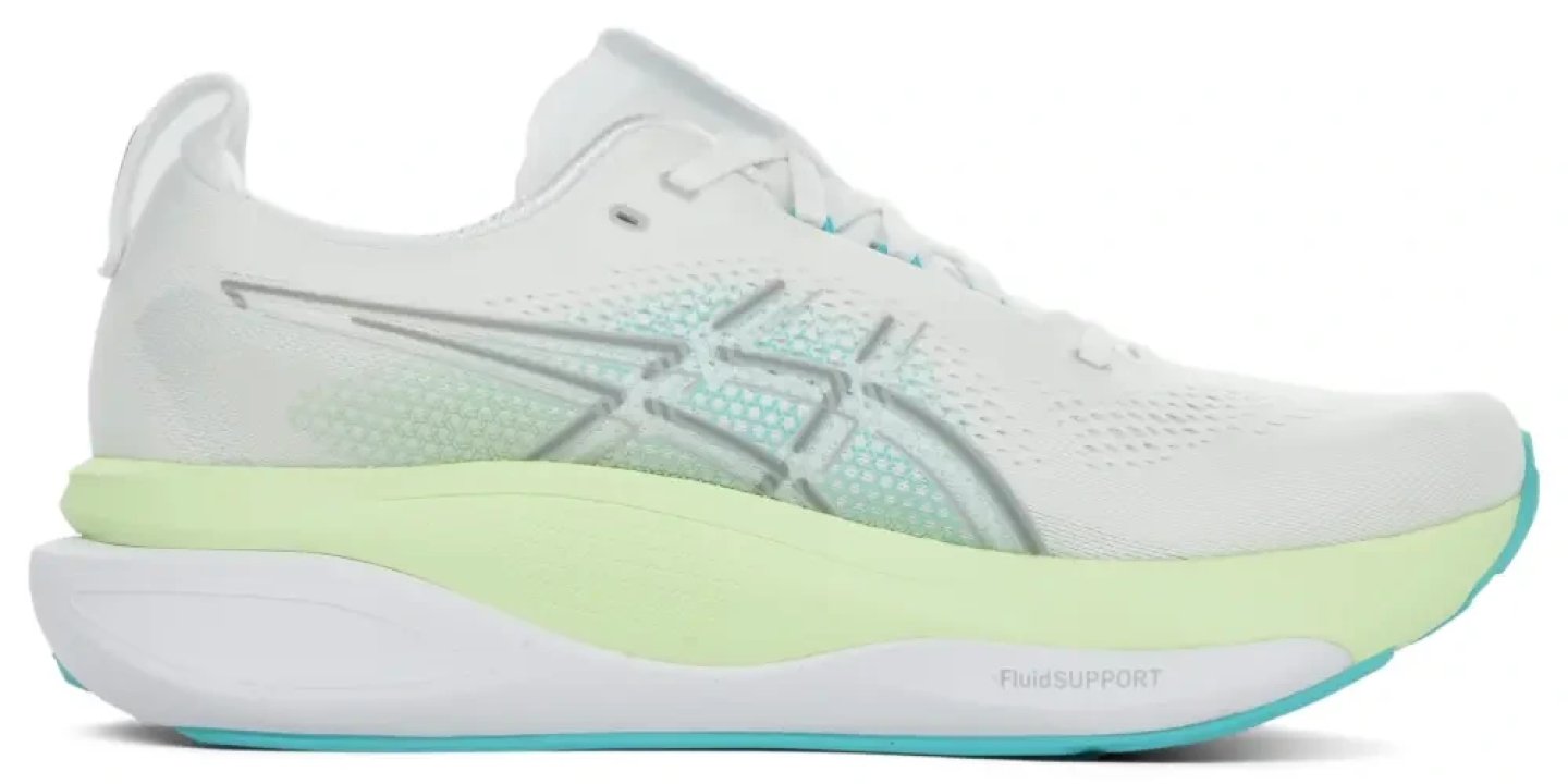 ASICS Gel-Kayano 33 running shoe in white with aqua and lime green midsole accents, lateral view showing FluidSupport midsole