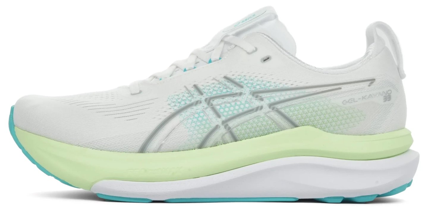 ASICS Gel-Kayano 33 running shoe in white with mint green midsole and teal outsole, lateral view