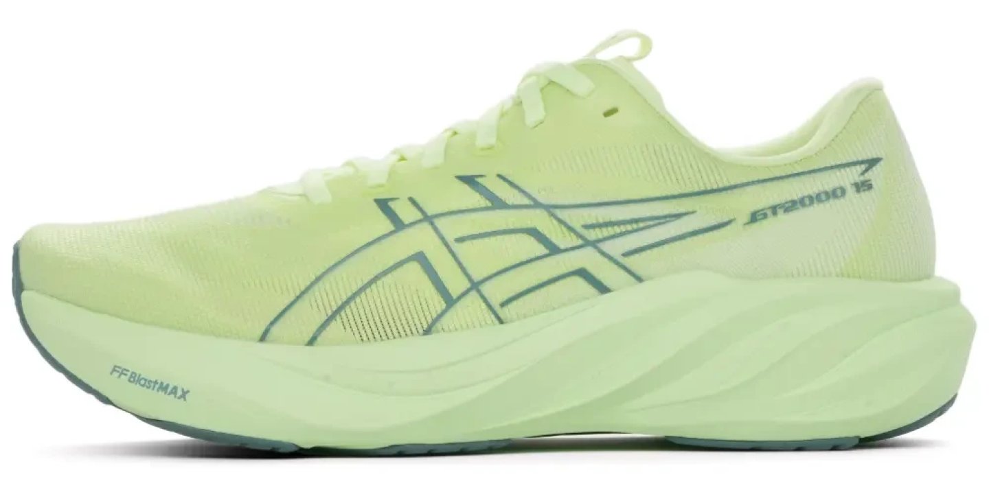 Asics GT-2000 15 running shoe in lime green with FF BlastMAX midsole and teal Asics logo, lateral view
