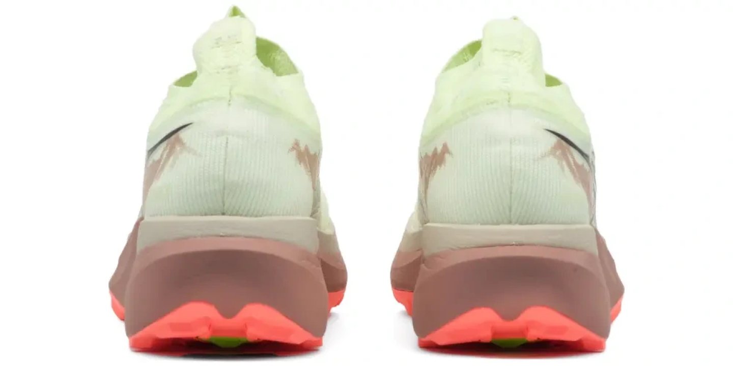 Rear view of a pair of ASICS Metafuji Trail 2 trail running shoes with lime upper and coral outsole