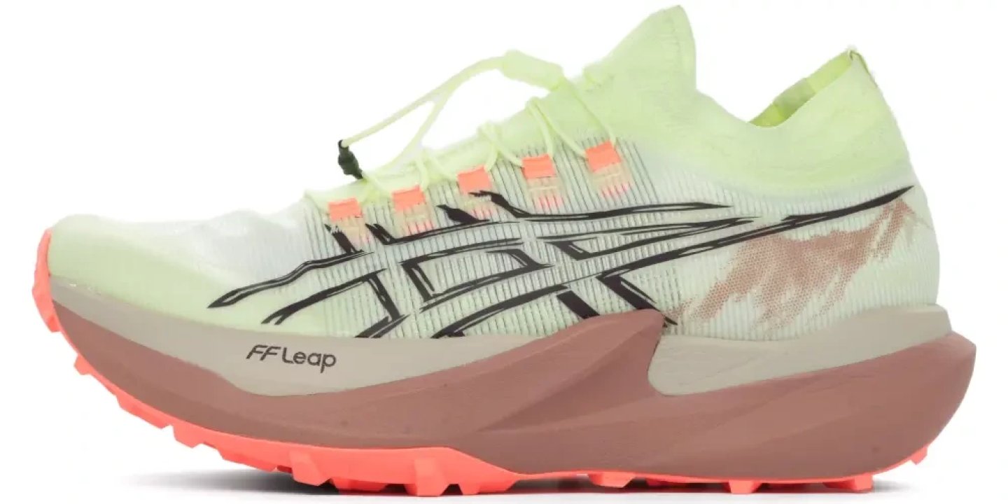 ASICS Metafuji Trail 2 trail running shoe in lime green and coral colorway, lateral view showing FF Leap midsole