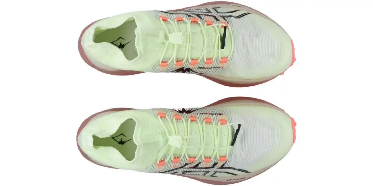 Asics Metafuji Trail 2 trail running shoes top view, mint green mesh upper with coral eyelets and branded insole