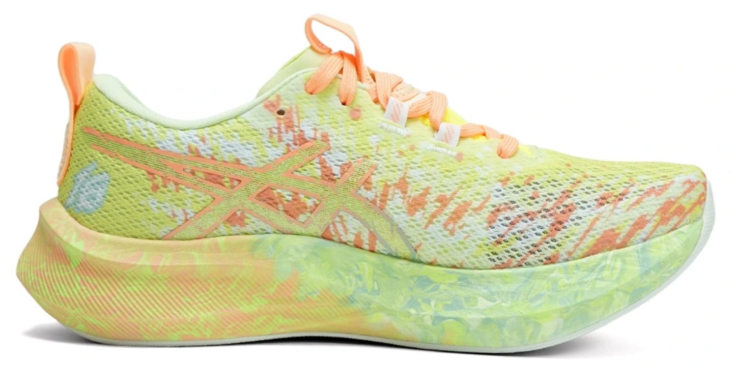 ASICS Noosa Tri Stride running shoe in lime yellow and coral orange with marbled midsole, lateral view