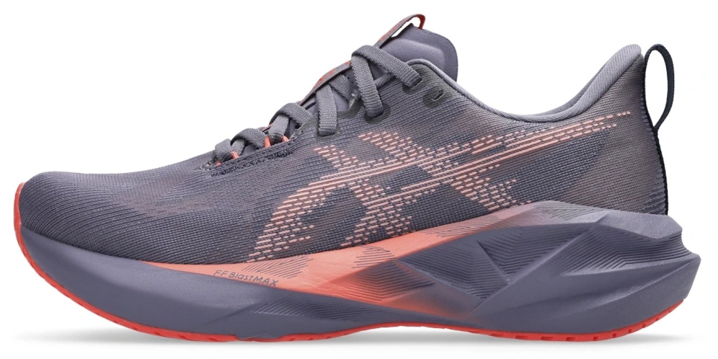 Asics Novablast 5 running shoe in grey and coral, lateral view showing FF Blast MAX midsole and mesh upper