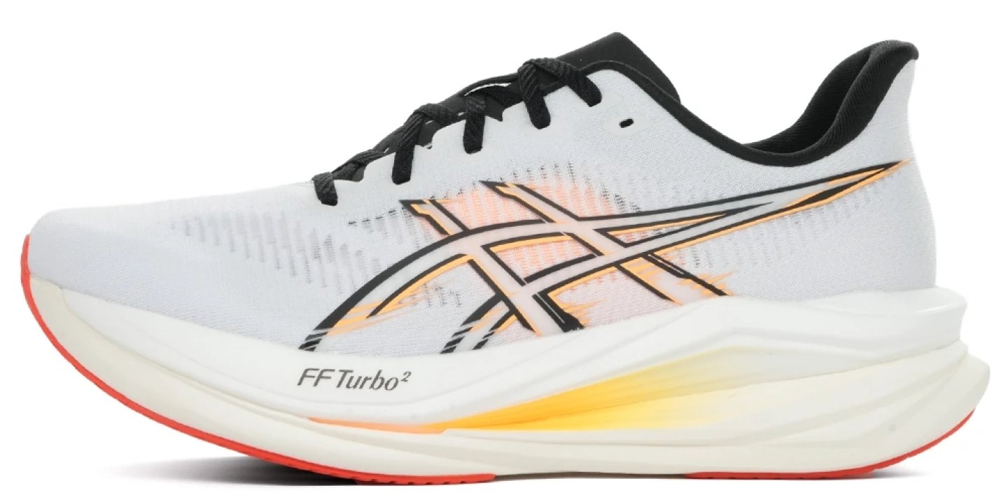 Asics Superblast 2 Ignite running shoe in white, orange and black with FF Turbo² midsole, lateral view on white background.