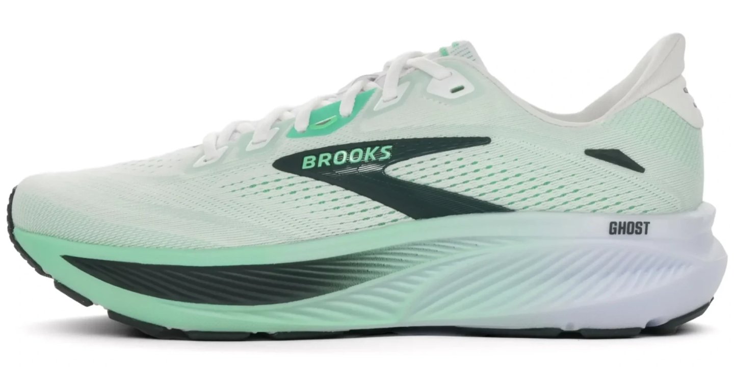 Brooks Ghost 18 running shoe in white and mint green, lateral side view showing DNA LOFT midsole and mesh upper