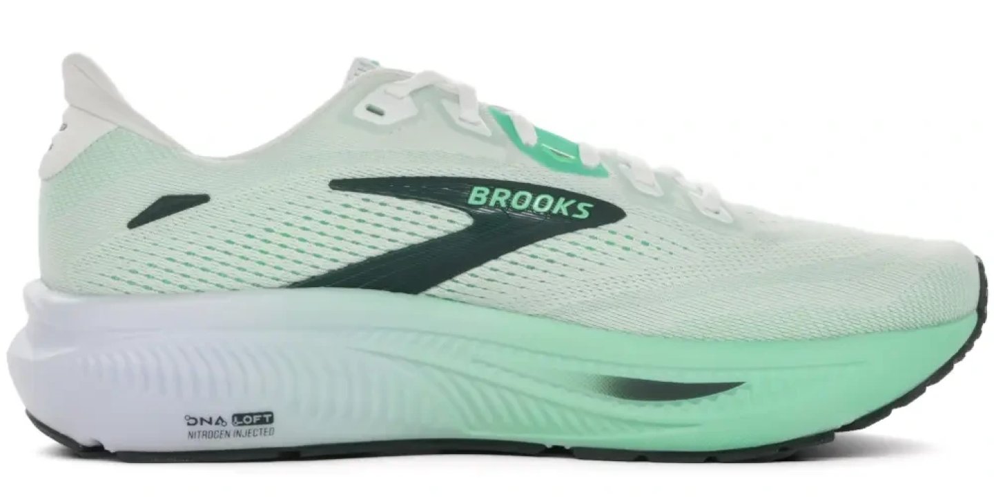 Brooks Ghost 18 running shoe in white and mint green, featuring DNA LOFT nitrogen-injected midsole, lateral view