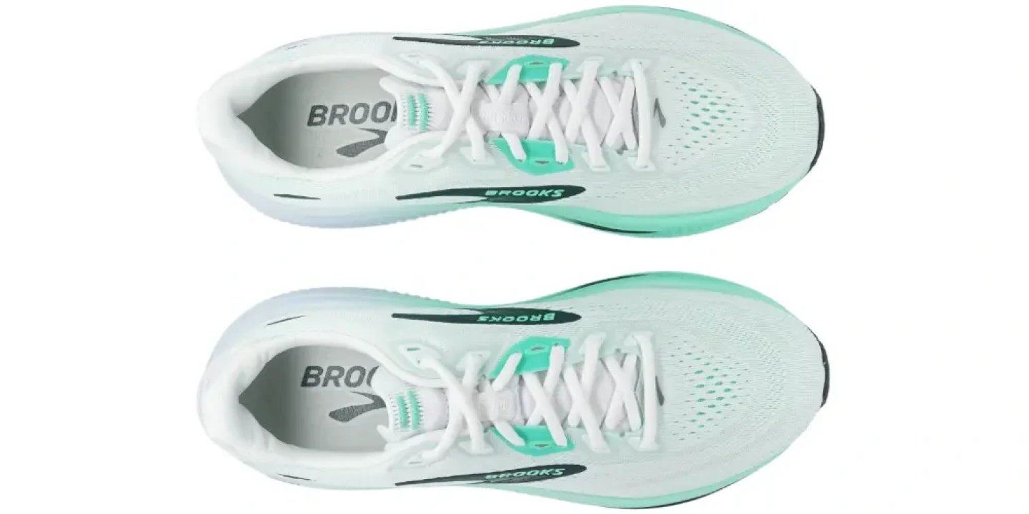Top-down view of a pair of Brooks Ghost 18 running shoes in white and mint green colourway