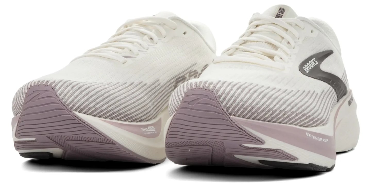 Brooks Ghost AMP women's running shoes in white and mauve, featuring SpringRamp midsole and ribbed knit upper, rear view