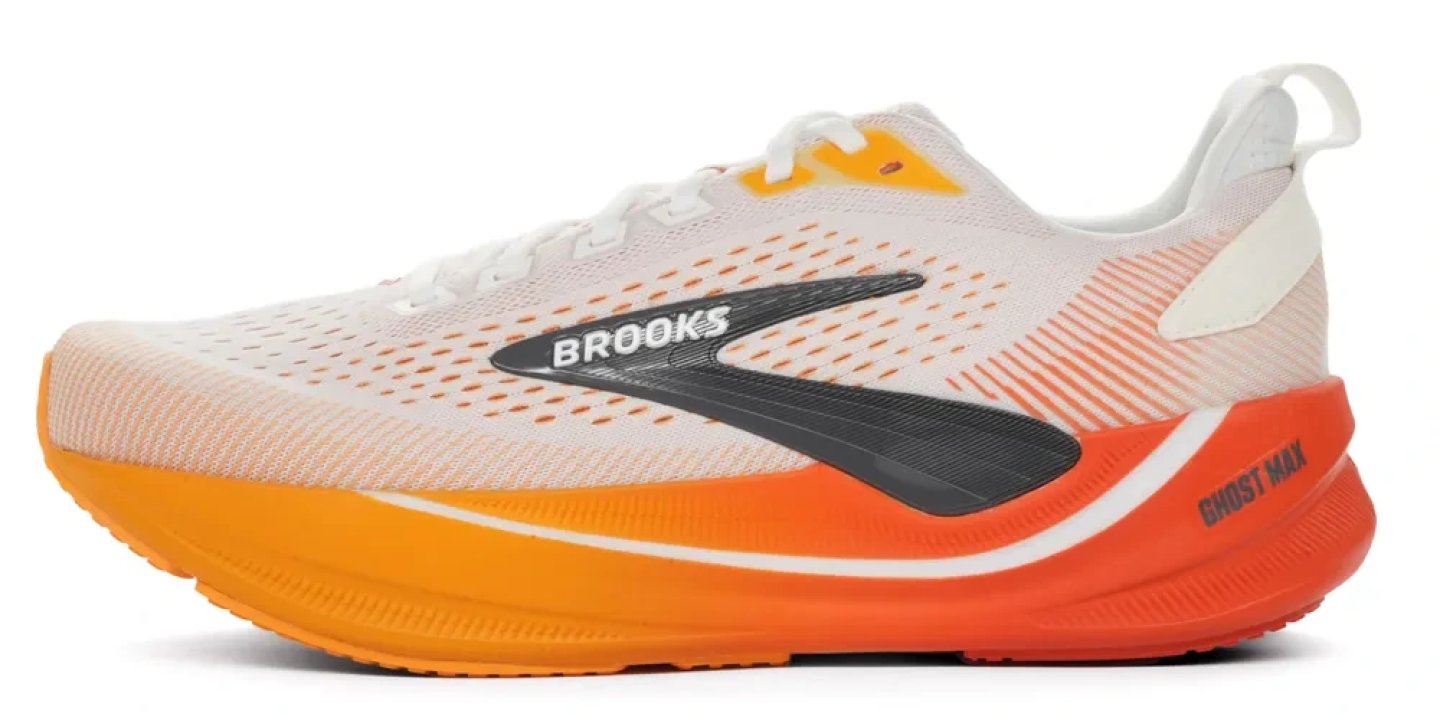 Brooks Ghost Max 4 running shoe in white and orange colorway, lateral side view on white background