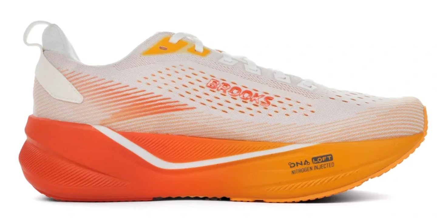 Brooks Ghost Max 4 running shoe in white and orange with DNA LOFT Nitrogen Injected midsole, lateral view